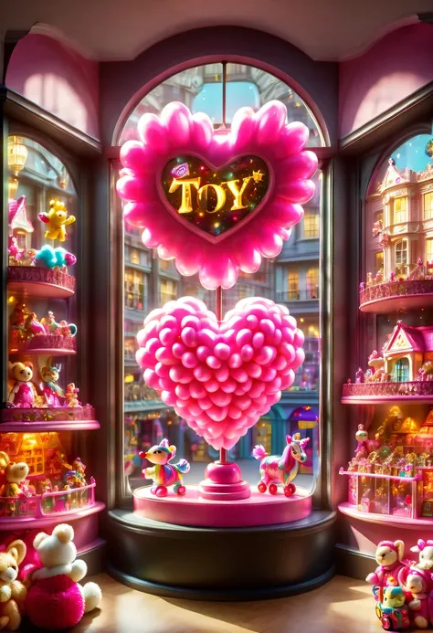 Topic prompts "A detailed masterpiece of a Magical toy store display" possible:

"(best quality,4K,8k,high resolution,masterpiece:1.2), Dynamic, Energetic, big pink heart, (toy store window:1.5), Magical toy store display, Beautiful design, Beautifully dec...