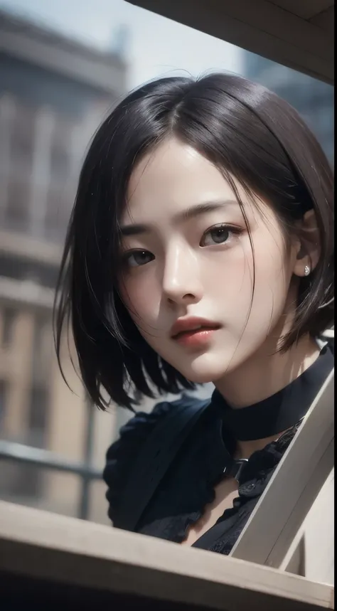 realistic, table top, highest quality, RAW photo, 1 girl, alone, Handsome shorthair, detailed face, fascinating face, Black shirt with collar, medium breasts, dynamic pose, looking at the viewer, from below, detailed background, Detailed, intricate details...