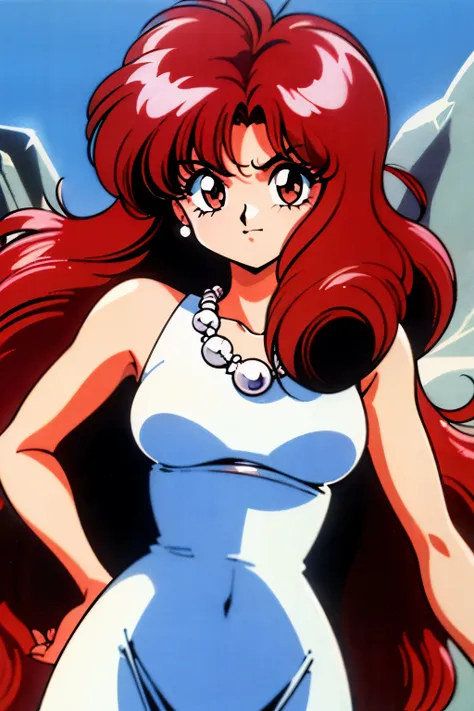 1990s (style), 1980s (style), retro artstyle, a girl, long red hair, brown eyes, wavy hair, fit body, white dress, white pearl n...