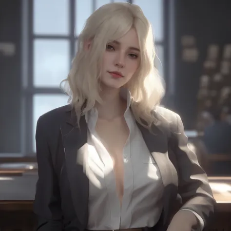 blond woman in a suit sitting at a table with a glass of wine, a hyperrealistic schoolgirl, hyperrealistic schoolgirl, realistic schoolgirl, cinematic realistic portrait, artwork in the style of guweiz, girl with white hair, ciri from the witcher, ultra re...