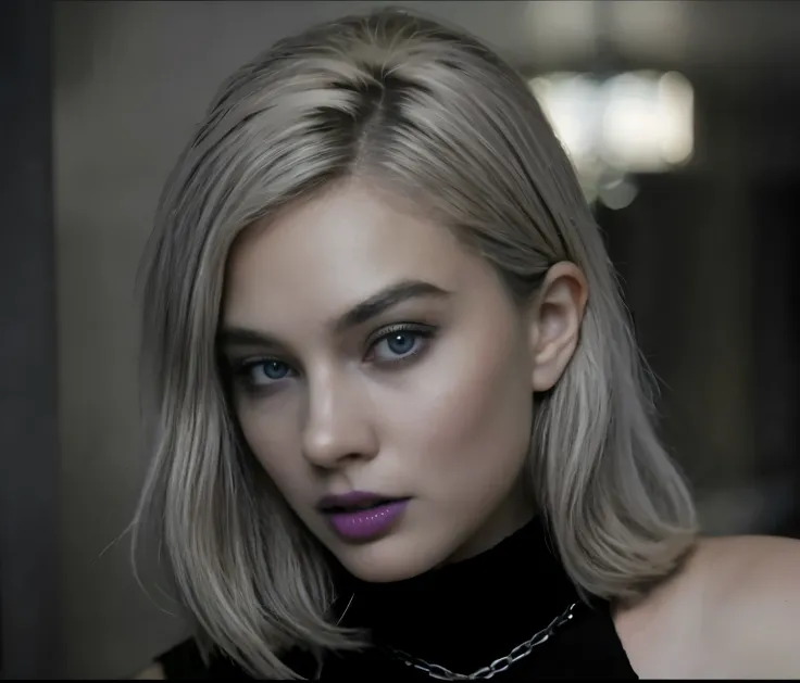 blond woman with blue eyes and grey lips posing for a picture, light grey lipstick, blue lipstick, blue lips, black lipstick, she looks like a mix of grimes, looks like a mix of grimes, with black glossy lips, eva elfie, looks a blend of grimes, dark lipst...