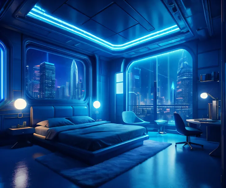 ((masterpiece)), (ultra-detailed), (intricate details), (high resolution CGI artwork 8k), Create an image of a man bedroom with atmospheric lighting. One of the walls should feature a big window with a busy, blue color, and detailed cyberpunk cityscape. Fu...