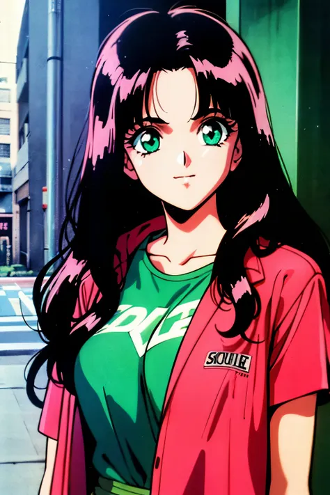 1990s (style), 1980s (style), retro artstyle, a girl, long black hair, green eyes, wavy hair, casual clothing,  cyberpunk, 2077,...