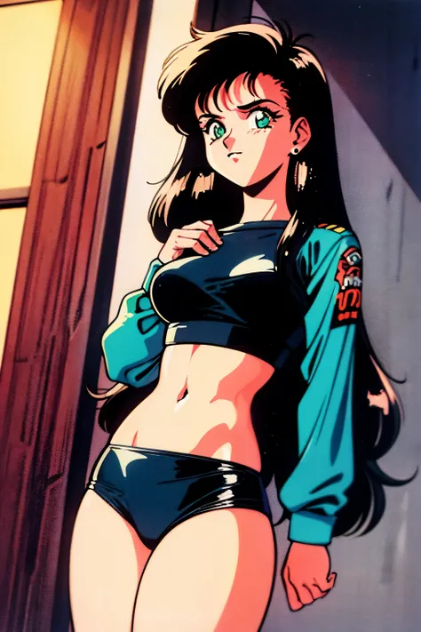 1990s (style), 1980s (style), retro artstyle, a girl, long black hair, green eyes, wavy hair, biker clothes,  cyberpunk, 2077, best quality, masterpiece.