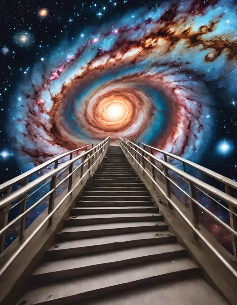 masterpiece, best quality, (stair-art), Mysterious eyes in the starry sky,Deep starry sky,mistic,Unknown,movie atmosphere,Negative dark mode,fanciful,spectacle,Dream looking up at the infinite length of the universe,Endless galaxies,Dangerous black holeplo...