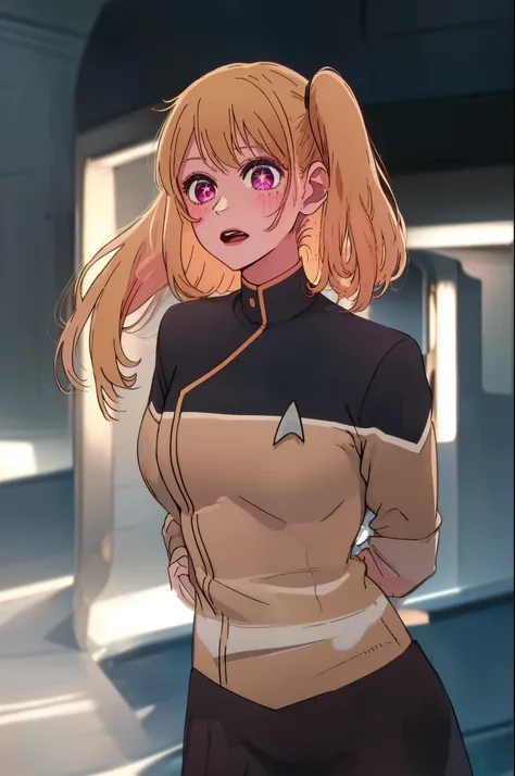 1girl, solo, Hoshino Ruby, saymbol-shaped pupils, (left star-shaped pupils:1.2), sparkling eyes, (star in left eye:1.2), symbol in eye, red eyes, long hair, blonde hair, , (side ponytail:1.1),