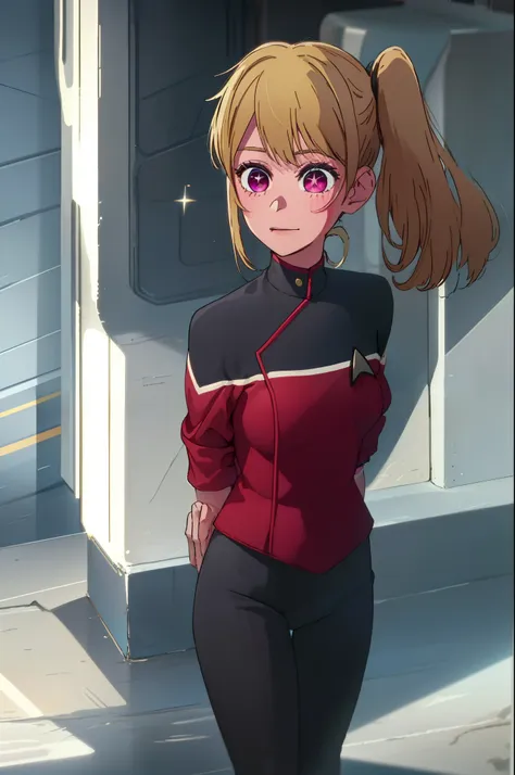 1girl, solo, Hoshino Ruby, saymbol-shaped pupils, (left star-shaped pupils:1.2), sparkling eyes, (star in left eye:1.2), symbol in eye, red eyes, long hair, blonde hair, , (side ponytail:1.1), with a sly grin standing