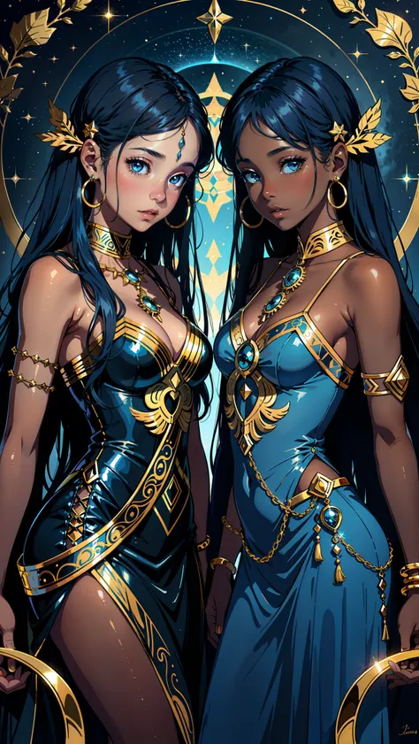 adesivo, fundo simples, portrait, 2 girls with dark skin, identical twin sisters with long hair, beautiful zodiac girl, zodiac aesthetic, sheer dresses, Gemini beautiful girl, very beautiful fantasy art, beautiful and elegant female celestial, beautiful de...