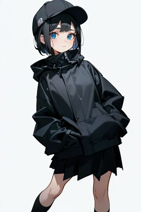 (((masterpiece, illustration, best quality))), 1girl, solo, blue eyes, ((detailed eyes)), looking at viewe, ((short hair)), ((black hair)), standing, ((baseball cap)), white headwear, black jacket, (Closed sweater), ((Scenenary:white background)), black so...