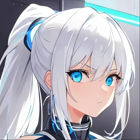 white hair, ponytail, blue eyes, neon lights, serious, pretty