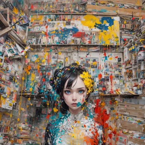 Base Layer (Setting): An art studio with large, primary-colored canvases on the walls, BREAK Middle Layer (Main Character): A girl with bold black eyeliner, holding a painters palette, splashes of primary colors on her white apron, BREAK Foreground Layer (...