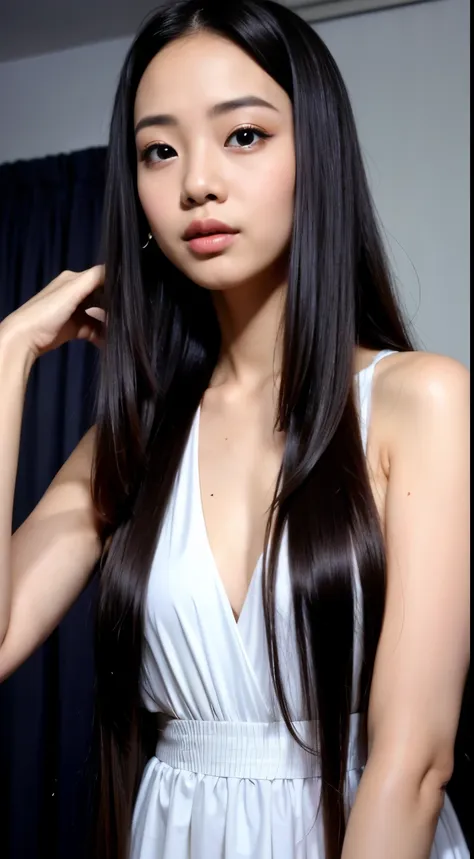 realistic photo of myanmar actress ei chaw po(1 cute myanmar actress) long straight hair, thin makeup, medium breasts, long dres...