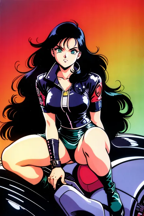 1990s (style), 1980s (style), retro artstyle, a girl, long black hair, green eyes, wavy hair, biker clothes,  cyberpunk, 2077, best quality, masterpiece.