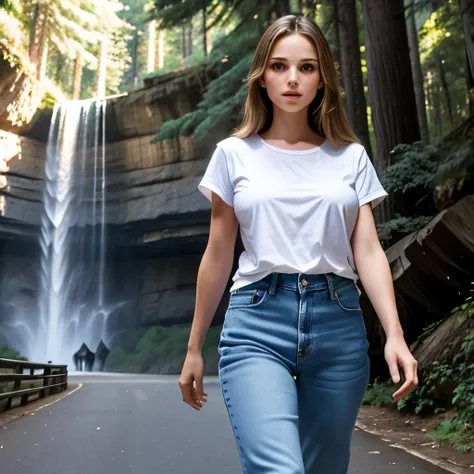 Natalie Portman aged 21, medium cowboy shot, (tall:1.3), (long hair:1.3), strolling, pine trees, deciduous trees, [path:1.5], (waterfall:0.9), (rocks:0.9), sunlight, tucked-in plain white t-shirt, jeans, (big colossal gigantic breasts:1.3), breast expansio...