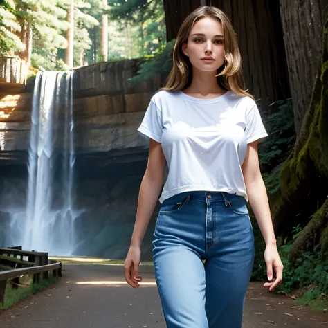 Natalie Portman aged 21, medium cowboy shot, (tall:1.3), (long hair:1.3), strolling, pine trees, deciduous trees, [path:1.5], (waterfall:0.9), (rocks:0.9), sunlight, tucked-in plain white t-shirt, jeans, (big colossal gigantic breasts:1.3)