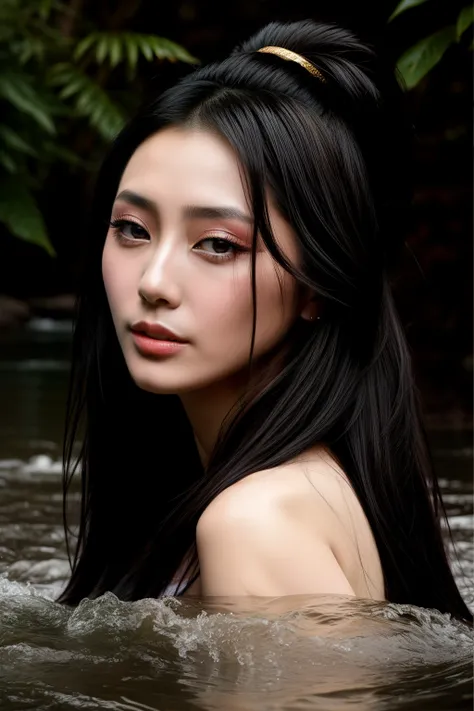 close up portrait of a  chinese actress fan bingbing with long black hair bathing in a river, reedacklighting), realistic, maste...