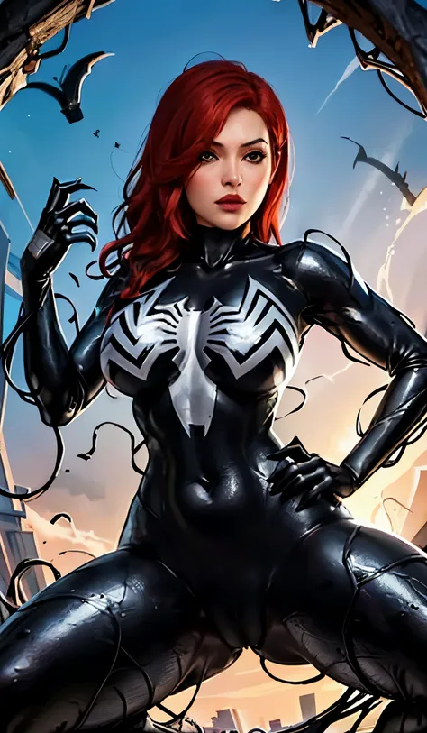 4k，realisticlying，glamorous，the  very detailed，there  a girl in dingcheng，red hair，wearing a black spider-man costume，（black and...