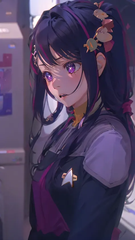  Hoshino Ai, long hair, purple hair, streaked hair ,purple eyes, star-shaped pupils, hair ornament, reacts shocked very shocked expression ds9st uniform