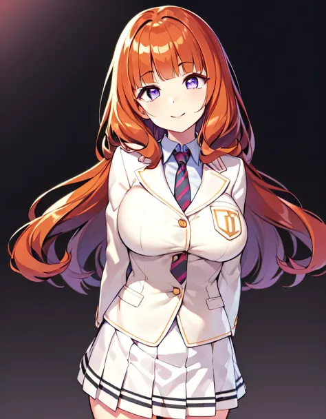 Anju Yuuki,(long hair:0.7), school uniform, white blazer, long sleeve, stripe tie, pleated skirt,(big breasts:1.5),looking at the viewer,Are standing,((masterpiece)),((highest quality)),perfect anatomy,8K UHD,highly detailed face,luster and luster,((1 girl...