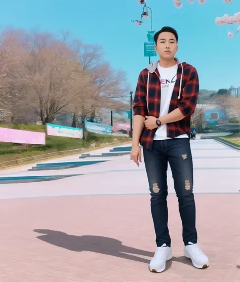 There was a man standing in the park with a skateboard.., Realistic art style, full body lifelike, exaggerate , Background removed, hyper realistic background, Shopping mall background, Casual posture, Realistic 3D anime style, full realism, realistic back...