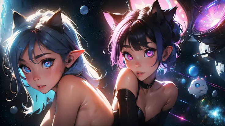 (best quality, highres:1.2), ultra-detailed, (realistic:1.37)
3 beautiful girl elf, crazy color hair, cat ears, naked, space station, space theme, cute face, glowing eyes, slim, extreme abs, closeup, full body, high heels, cute, portraits, vivid colors, ne...