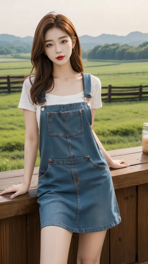 Beautiful girl, Korean makeup, Red lips, medium body, medium chest, reddish brown hair, femoral, overalls and apron outfit, Cow farm landscape, Byre, cows around, 