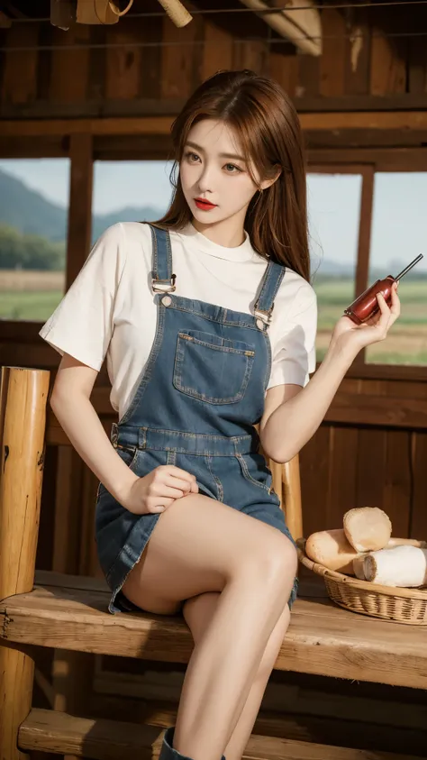 Beautiful girl, Korean makeup, Red lips, medium body, medium chest, reddish brown hair, femoral, overalls and apron outfit, Cow farm landscape, Byre, cows around, 