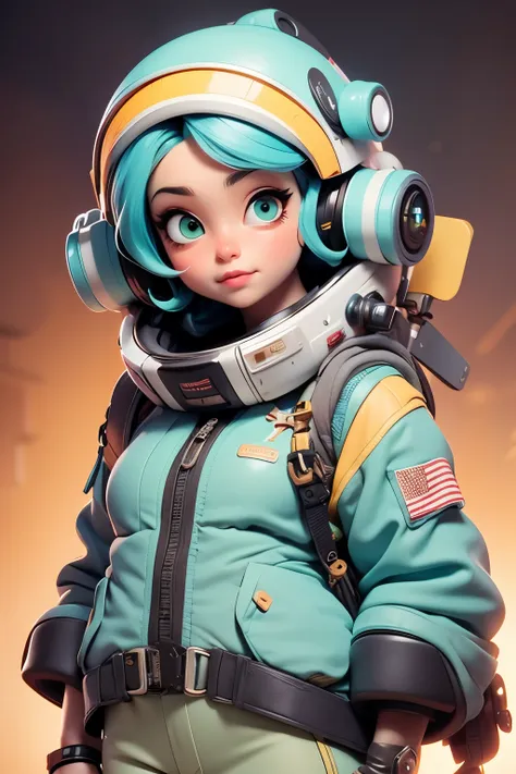 endearing and slightly imperfect retro-futuristic scene featuring a chubby female space mechanic with blue hair and green eyes. ...