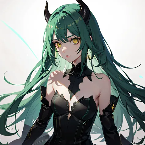 realistic, 1girl, green hair, demo horns, yellow eyes, small, young,  side lighting bare shoulders, glowing eyes, light particles, light rays,magic circle, wallpaper, demon, red  skin, white background