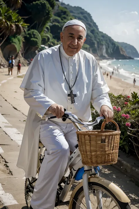 papa francisco andando de bicileta na praia