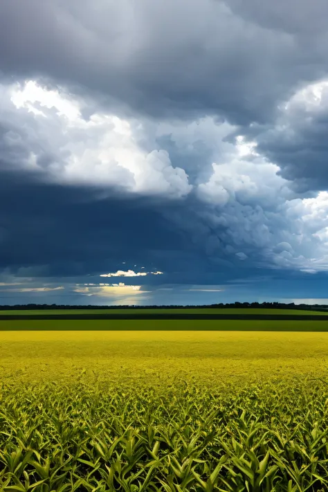 A cornfield in the sun with dark thunderheads forming in the distance. Rain falling with lightning.