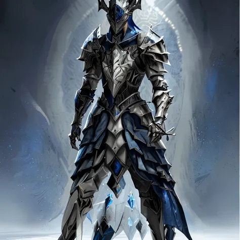 um close up de uma pessoa em armadura com uma espada, armadura de cor prata azul e gelo, dressed in armadura leve, dressed in ethereal armor, armadura refletida cor de gelo lascada, dressed in ethereal battle armor, pale black armor, armadura leve, conceit...