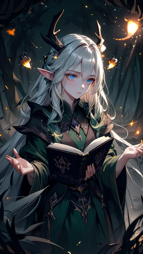 Masterpiece, Best Quality, High Quality, (Long Hair, White Hair), Close up, (glowing light blue eyes), (Darkness:1.2), (Fair Skin), (1Lady, Mythical Creatures, Dark Green Robe) , Solo, Calm, Antlers Deer Horns, (dynamic angle), pointy_ears, magic book, Nat...