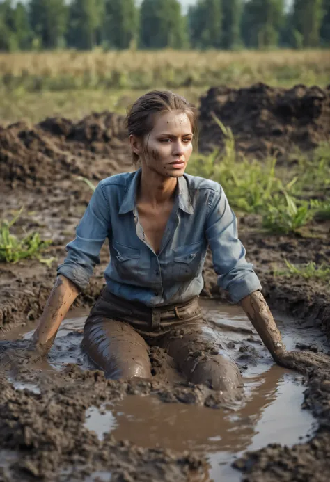 shameful fetish atmosphere,woman takes a mud bath,jeans,covered with mud,expression of despair,blouse,драматическое освещение,со...