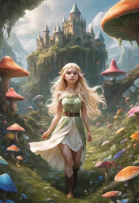 Create an enchanting and whimsical image of a eLEGANT elf girl with flowing blonde Hair, exploring the magical realm of Neverland. Picture her in a vibrant meadow surrounded by fantastical creatures, lost in this timeless and(( dreamlike world)). Capture t...