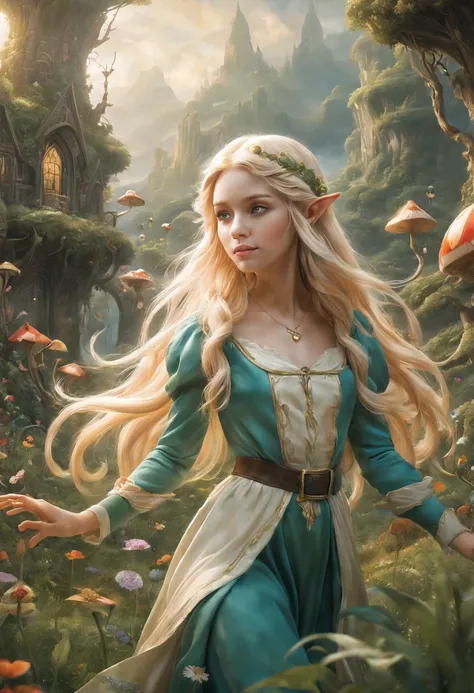 Create an enchanting and whimsical image of a eLEGANT elf girl with flowing blonde Hair, exploring the magical realm of Neverland. Picture her in a vibrant meadow surrounded by fantastical creatures, lost in this timeless and(( dreamlike world)). Capture t...