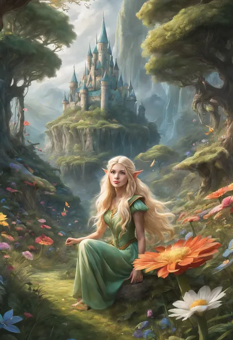 Create an enchanting and whimsical image of a eLEGANT elf girl with flowing blonde Hair, exploring the magical realm of Neverland. Picture her in a vibrant meadow surrounded by fantastical creatures, lost in this timeless and(( dreamlike world)). Capture t...