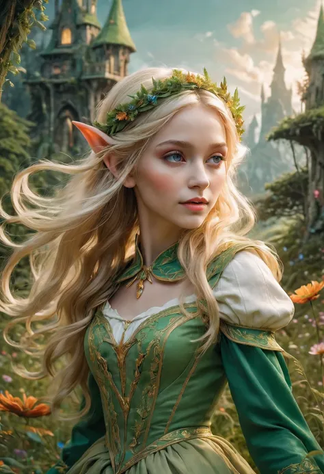 create an enchanting and whimsical image of a elegant elf girl with flowing blonde hair, exploring the magical realm of neverlan...