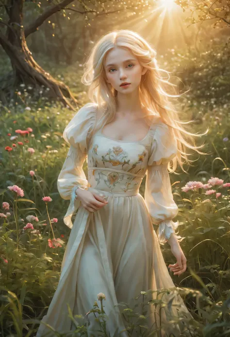 create an enchanting and whimsical image of a elegant elf girl with flowing blonde hair, exploring the magical realm of neverlan...