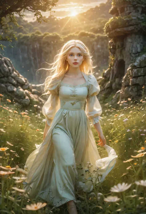 create an enchanting and whimsical image of a elegant elf girl with flowing blonde hair, exploring the magical realm of neverlan...