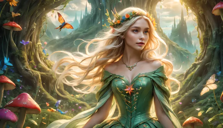 Create an enchanting and whimsical image of a eLEGANT elf girl with flowing blonde Hair, exploring the magical realm of Neverland. Picture her in a vibrant meadow surrounded by fantastical creatures, lost in this timeless and(( dreamlike world)). Capture t...