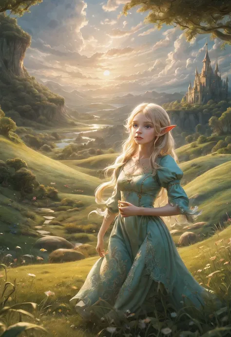 create an enchanting and whimsical image of a elegant elf girl with flowing blonde hair, exploring the magical realm of neverlan...