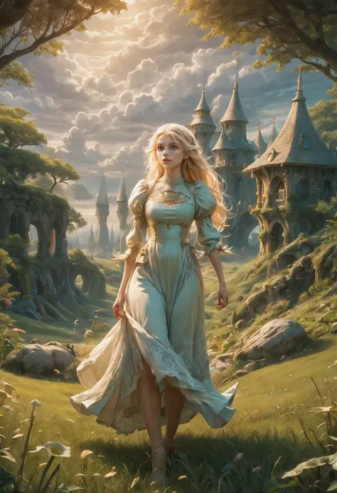 create an enchanting and whimsical image of a elegant elf girl with flowing blonde hair, exploring the magical realm of neverlan...