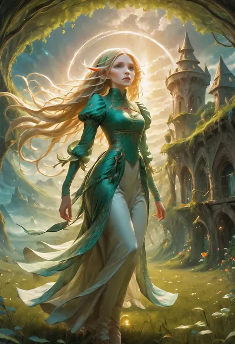 create an enchanting and whimsical image of a elegant elf girl with flowing blonde hair, exploring the magical realm of neverlan...