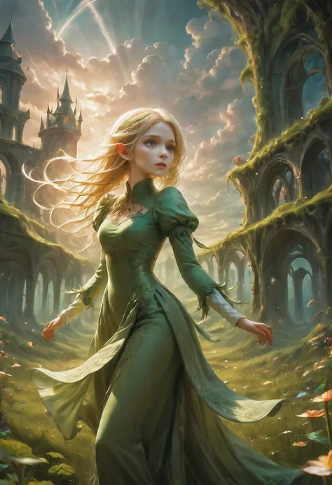 create an enchanting and whimsical image of a elegant elf girl with flowing blonde hair, exploring the magical realm of neverlan...