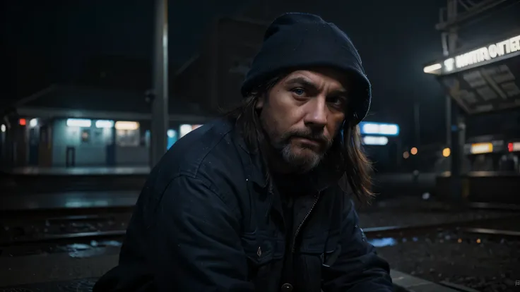 (high quality), (best quality), (realistic), (cinematic lights), (perfect eyes), (sharp face), (blurry background), a homeless guy sitting at the trainstation, the view is from the side, hes begging for money, he is very sad, (atmospheric sight) (blue ligh...