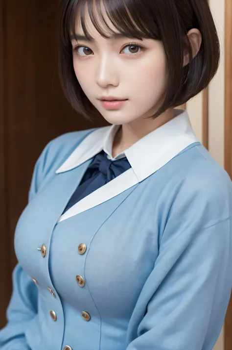 (bob cut:1.2),(wearing japanesee school uniform:1.2),1 girl,japanese,21 years old,(big breasts:1.3),(highest quality,masterpiece...