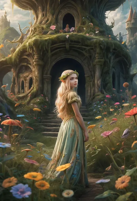 Create an enchanting and whimsical image of a eLEGANT elf girl with flowing blonde Hair, exploring the magical realm of Neverland. Picture her in a vibrant meadow surrounded by fantastical creatures, lost in this timeless and(( dreamlike world)). Capture t...