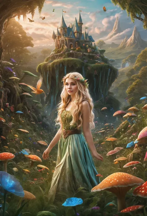 Create an enchanting and whimsical image of a eLEGANT elf girl with flowing blonde Hair, exploring the magical realm of Neverland. Picture her in a vibrant meadow surrounded by fantastical creatures, lost in this timeless and(( dreamlike world)). Capture t...