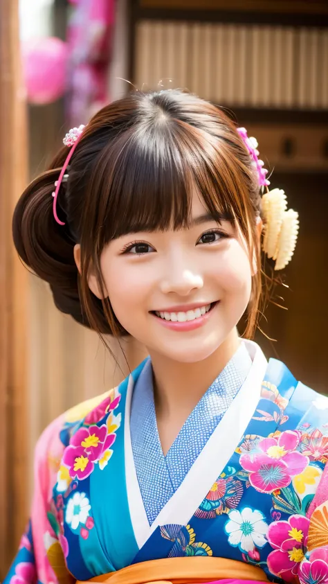 My cute girlfriend is a kimono model.、Beautiful smile、he is short、brown hair、hair ornaments、Colorful and flashy kimono、